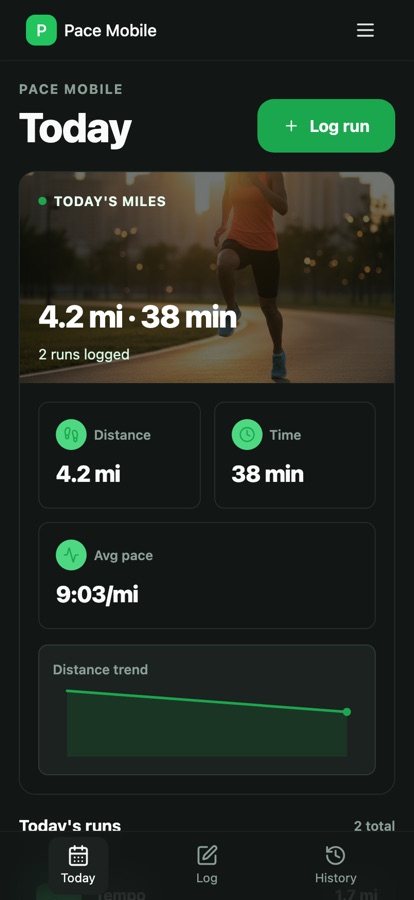 Today screen — remaining miles headline, stat cards, run list