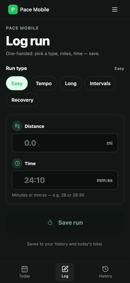 Log a run — run type, distance, time entry