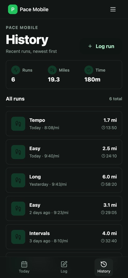 History — recent runs list